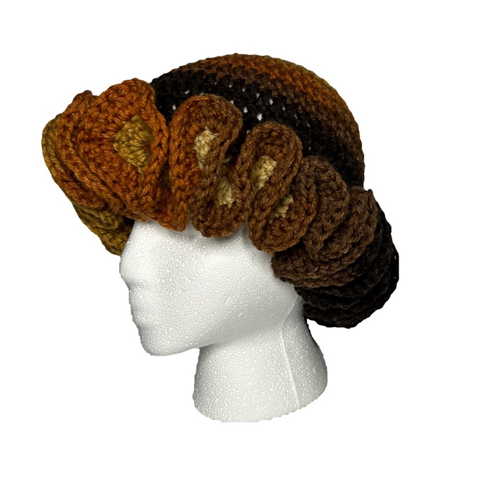 Hand-Made Crochet Ruffle Hat - Latte Stripe